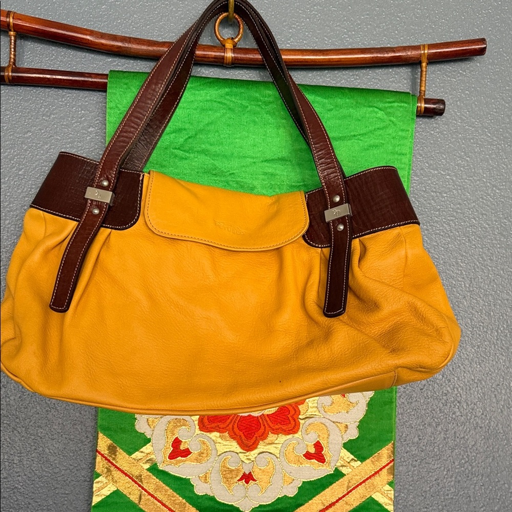 Yellow and Brown Leather Tote Bag
